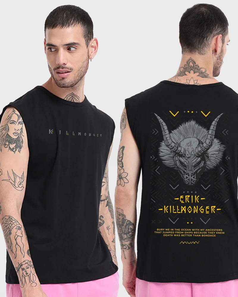 بيواكوف Men's Black Killmonger Graphic Printed Oversized Vest